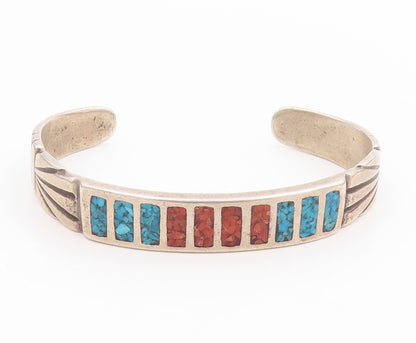 925 Sterling Silver Vintage Bracelet NAVAJO ZUNI Crushed Gemstone Inlay  BT11778