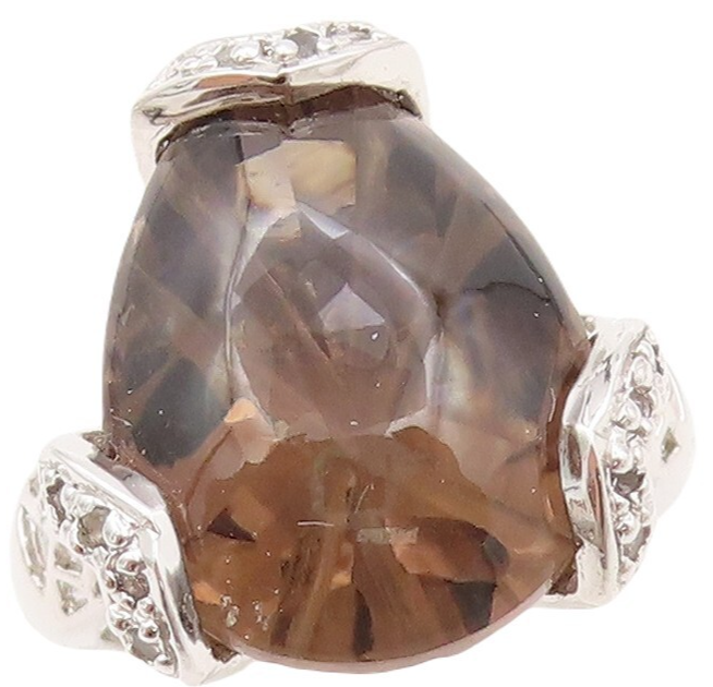 925 Sterling Silver Vintage Ring Cabochon Drop Shape Smoky Quartz  Sz 6  RG30278