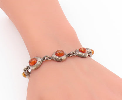 925 Sterling Silver Vintage Bracelet Cabochon Honey Amber Solid Link  BT11697