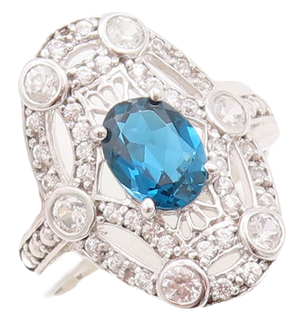 925 Sterling Silver Vintage Ring Oval Design Cut 2 Tone Topaz  Sz 7  RG29399