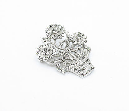 925 Sterling Silver  Vintage Sparkling Flower Pot Motif Brooch Pin  BP1106