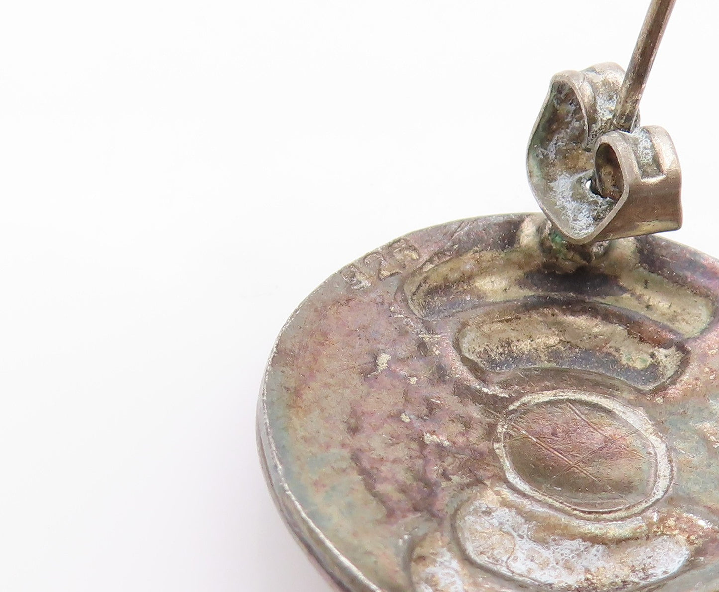 925 Sterling Silver Vintage Earrings Antique Etched Turquoise Disk  EG13593