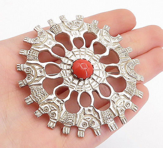 ECUADOR 925 Silver  Vintage Coral Traditional Etched Shiny Brooch Pin  BP1691
