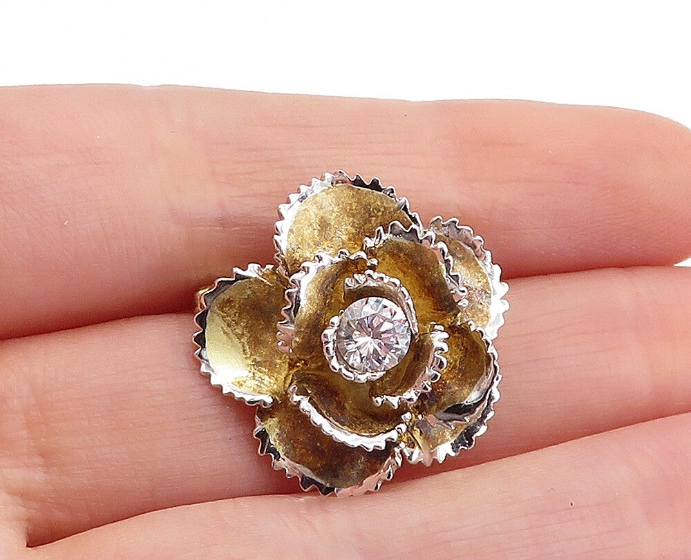 925 Sterling Silver  Vintage Cubic Zirconia Centered Flower Brooch Pin  BP1782