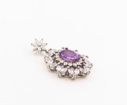 925 Sterling Silver Vintage Pendant Amethyst & Halo CZ Floral Cluster  PT25563