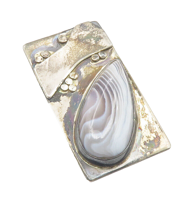 925 Sterling Silver  Vintage Tear Drop Agate Dark Tone Square Pendant  PT9478