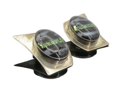 NAVAJO 925 Sterling Silver  Vintage Black Agate Non Pierce Earrings  EG2934