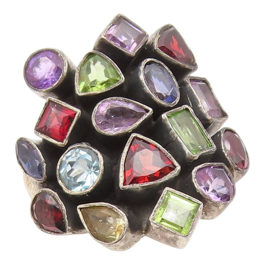 925 Sterling Silver Vintage Ring Colorful Multi Gemstone Cluster  Sz 9  RG35440
