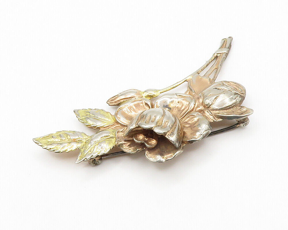 925 Sterling Silver  Vintage Shiny Tied Flowers Motif Brooch Pin  BP5629