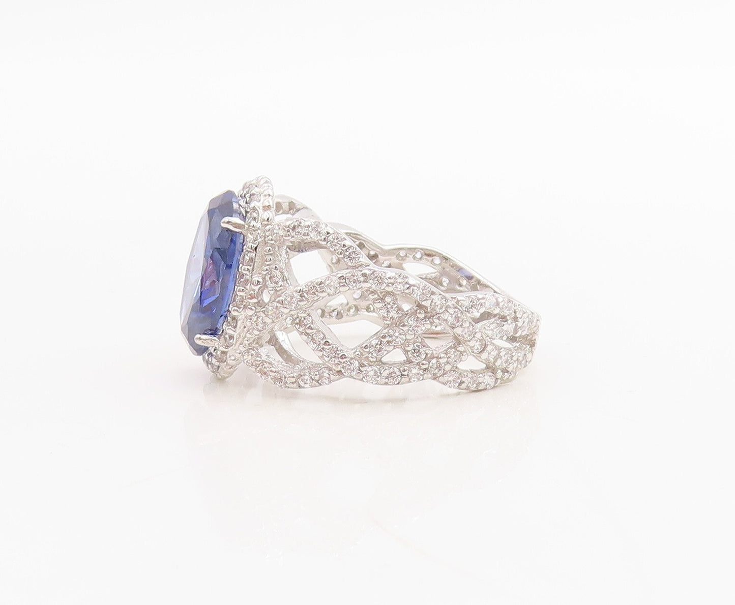 925 Sterling Silver Vintage Ring Designer Cutout Sapphire & CZ  Sz 7.5  RG30522