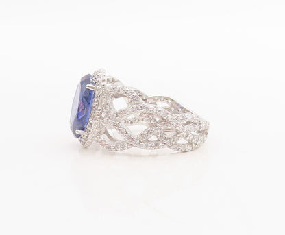 925 Sterling Silver Vintage Ring Designer Cutout Sapphire & CZ  Sz 7.5  RG30522