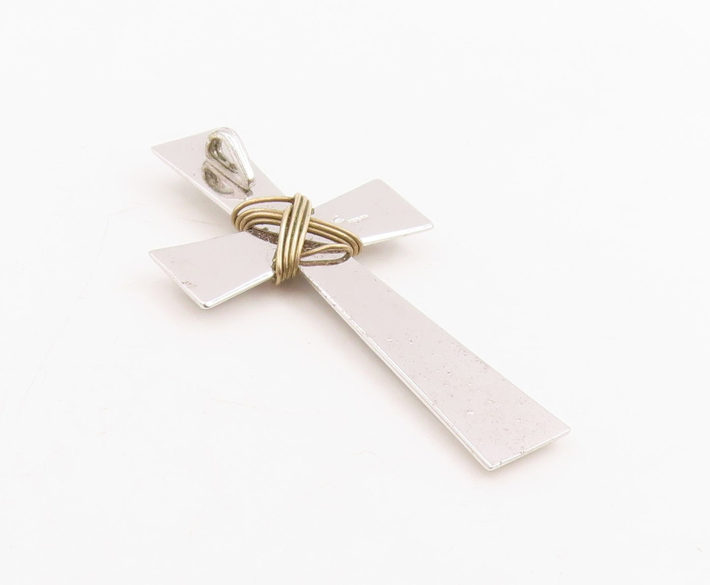925 Sterling Silver Vintage Pendant Modernist Wire Wrap Religious Cross  PT25718