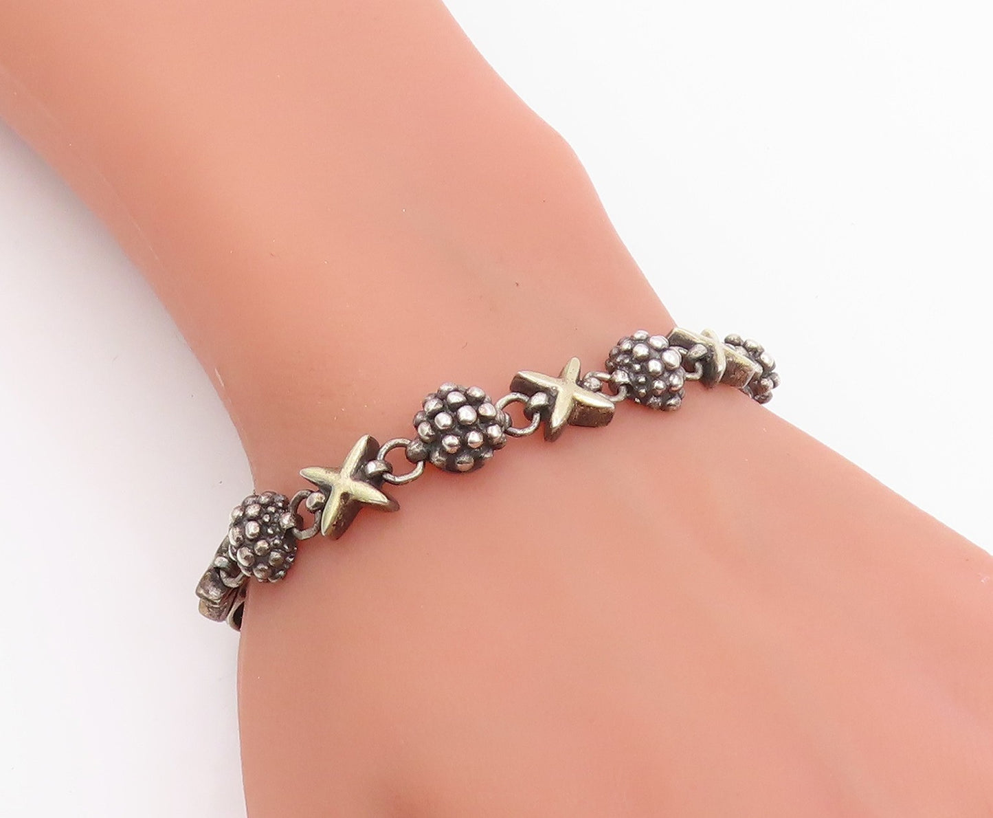 14k Gold & 925 Sterling Silver Vintage Bracelet Beaded Ball & Cross Link BT11978