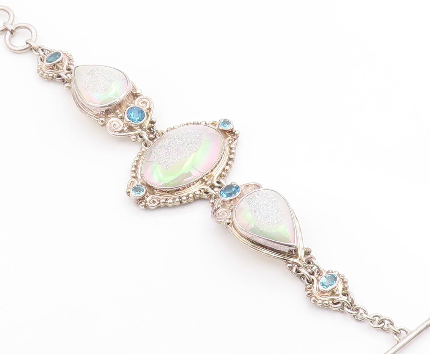 925 Sterling Silver Vintage Bracelet SAJEN Drusy Quartz & Topaz Link  BT12003