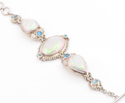 925 Sterling Silver Vintage Bracelet SAJEN Drusy Quartz & Topaz Link  BT12003