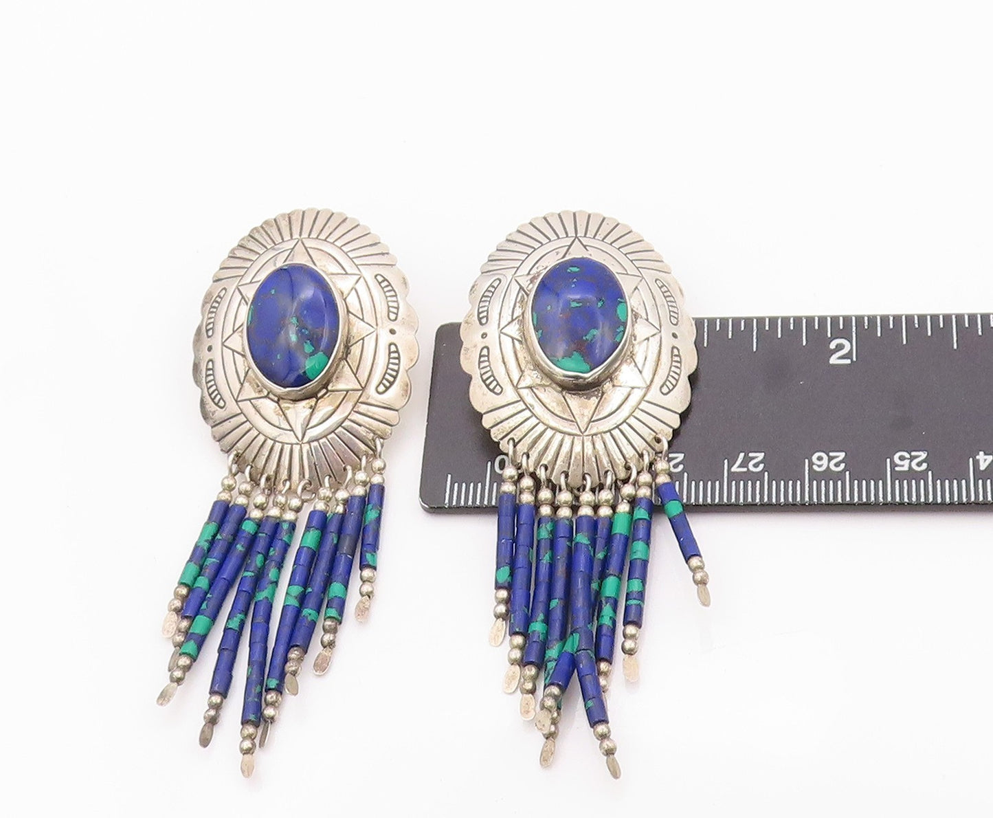 925 Sterling Silver Vintage Earrings SOUTHWESTERN Azurite Etched Dangles EG13483
