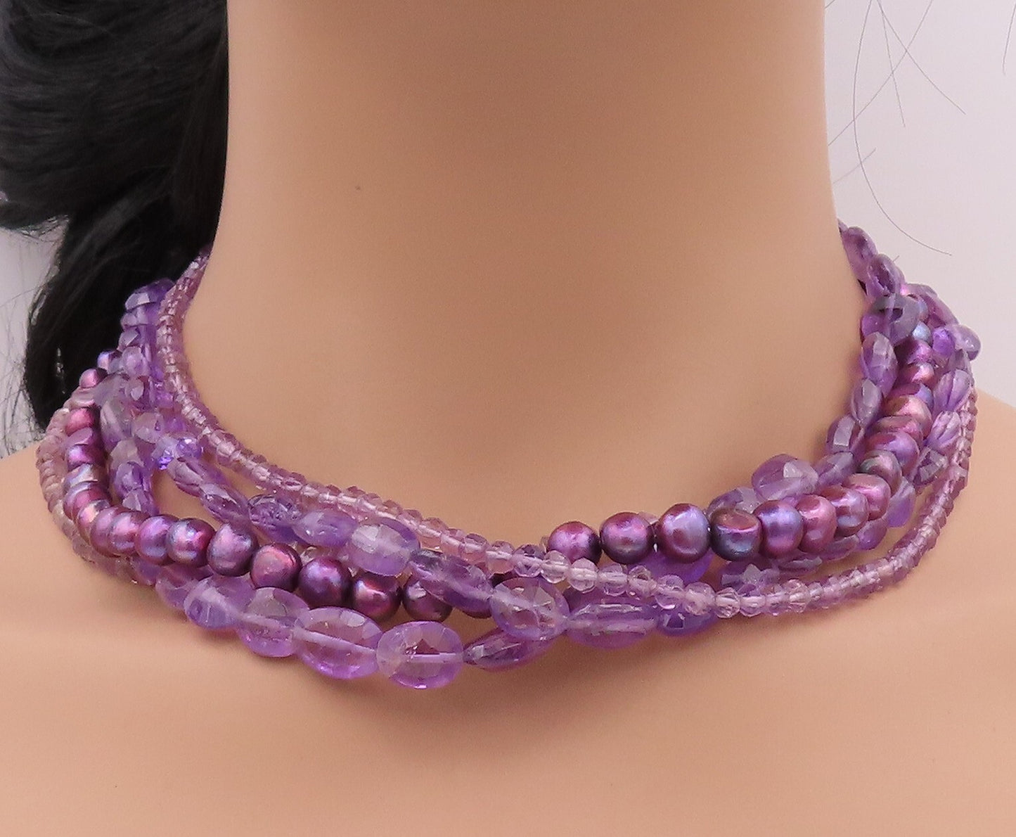 925 Sterling Silver Vintage Necklace Modernist Beaded Gemstone Chains  NE4348
