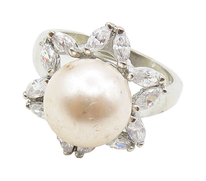 925 Sterling Silver  Pearl & Topaz Flower Motif Cocktail Ring Sz 7  RG15640