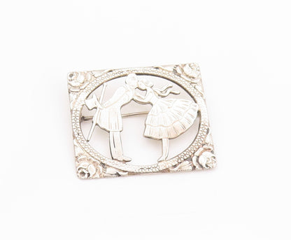925 Sterling Silver Vintage Brooch Floral Framed Kissing Couple  BP11641