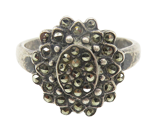 925 Sterling Silver  Vintage Marcasite Floral Motif Band Ring Sz 6  RG10764