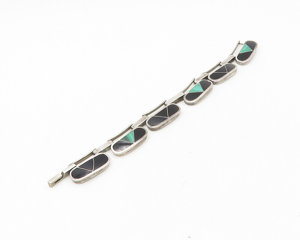 MEXICO 925  Silver  Vintage Malachite & Black Onyx Chain Bracelet  BT6875