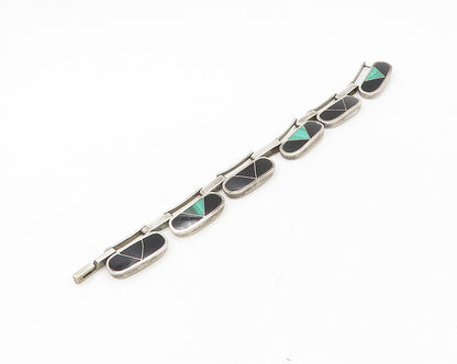 MEXICO 925  Silver  Vintage Malachite & Black Onyx Chain Bracelet  BT6875