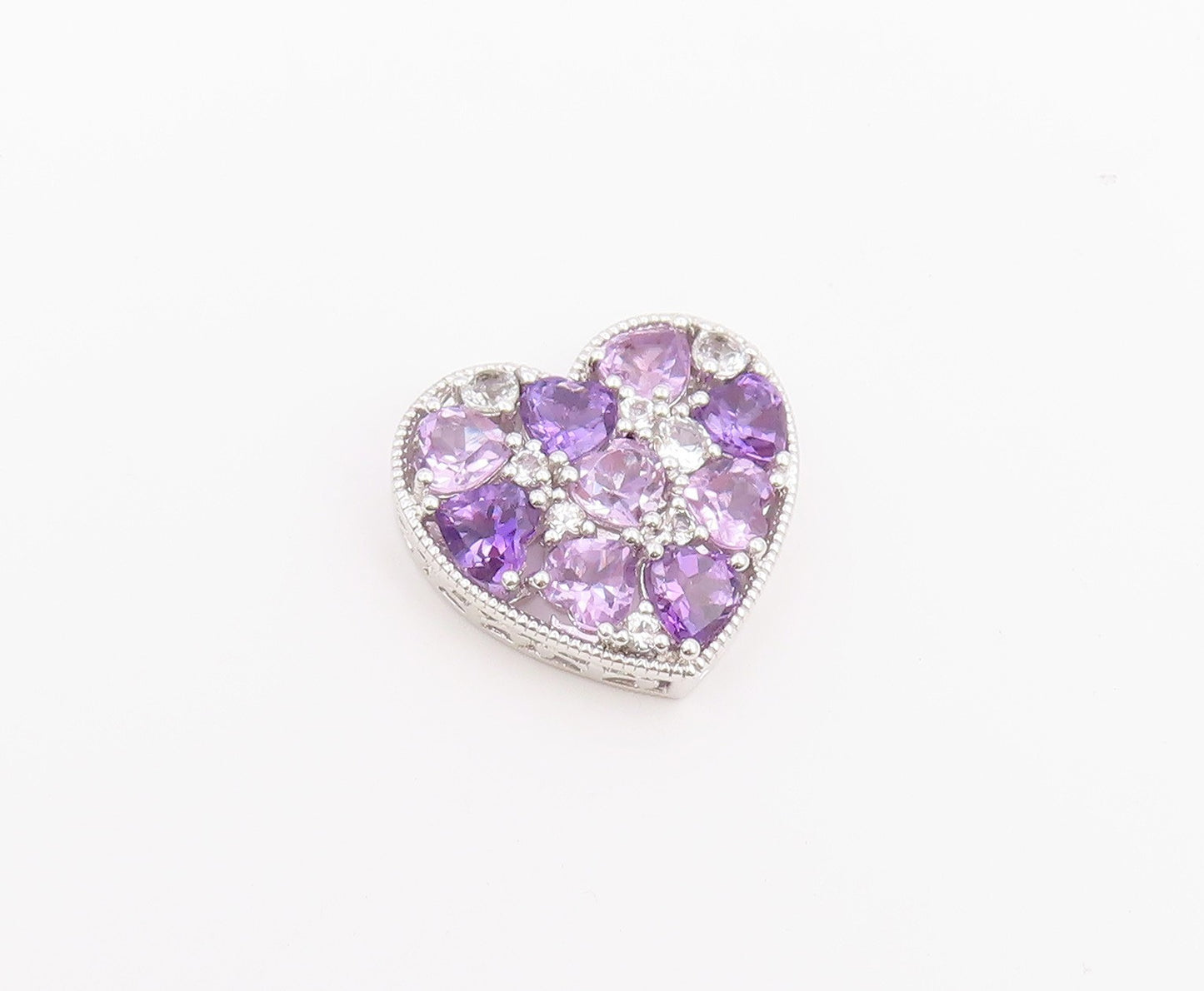 925 Sterling Silver Vintage Pendant Amethyst & Topaz Love Heart Cluster  PT26481
