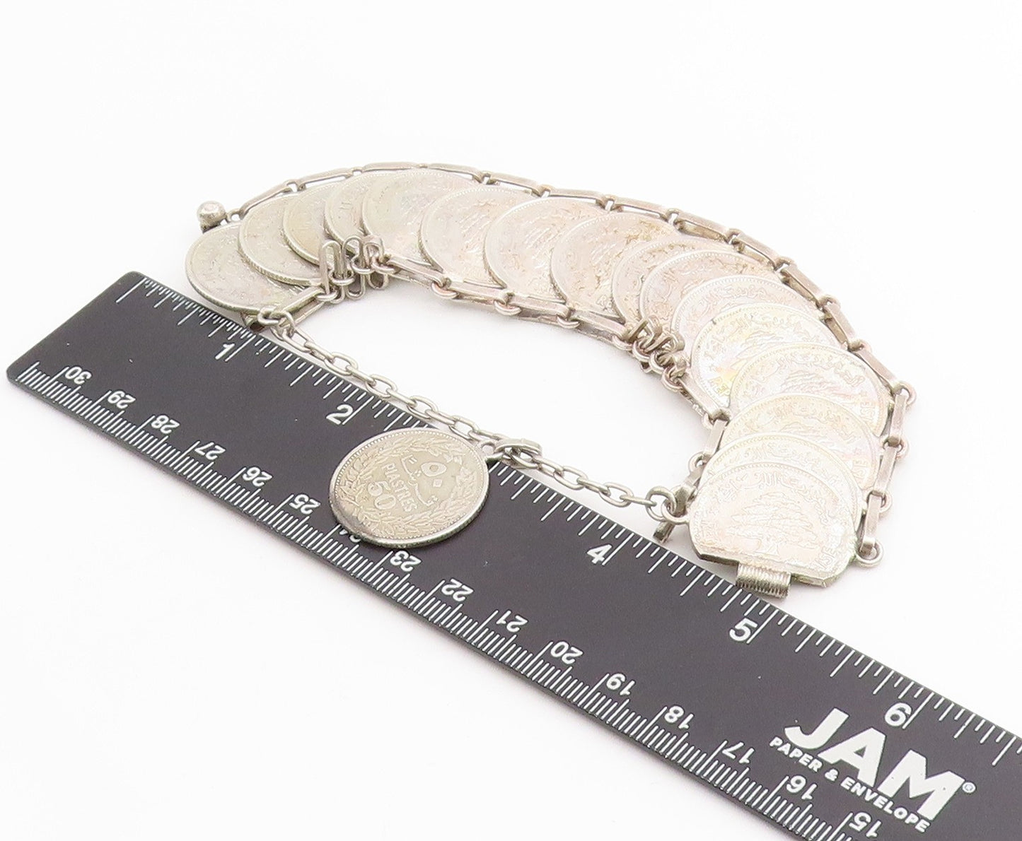 925 Sterling Silver Vintage Bracelet Lebanese Lira Coins Charm Chain  BT11420