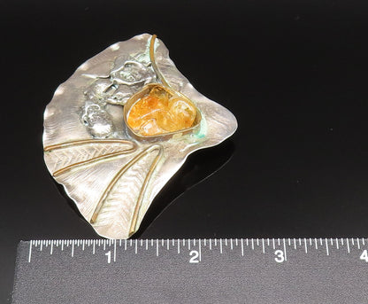 925 Sterling Silver  Vintage Modernist Baltic Amber Shell Brooch Pin  BP9554