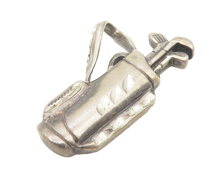 925 Sterling Silver  Vintage Diamond Cut Bag Of Golf Clubs Pendant  PT9139