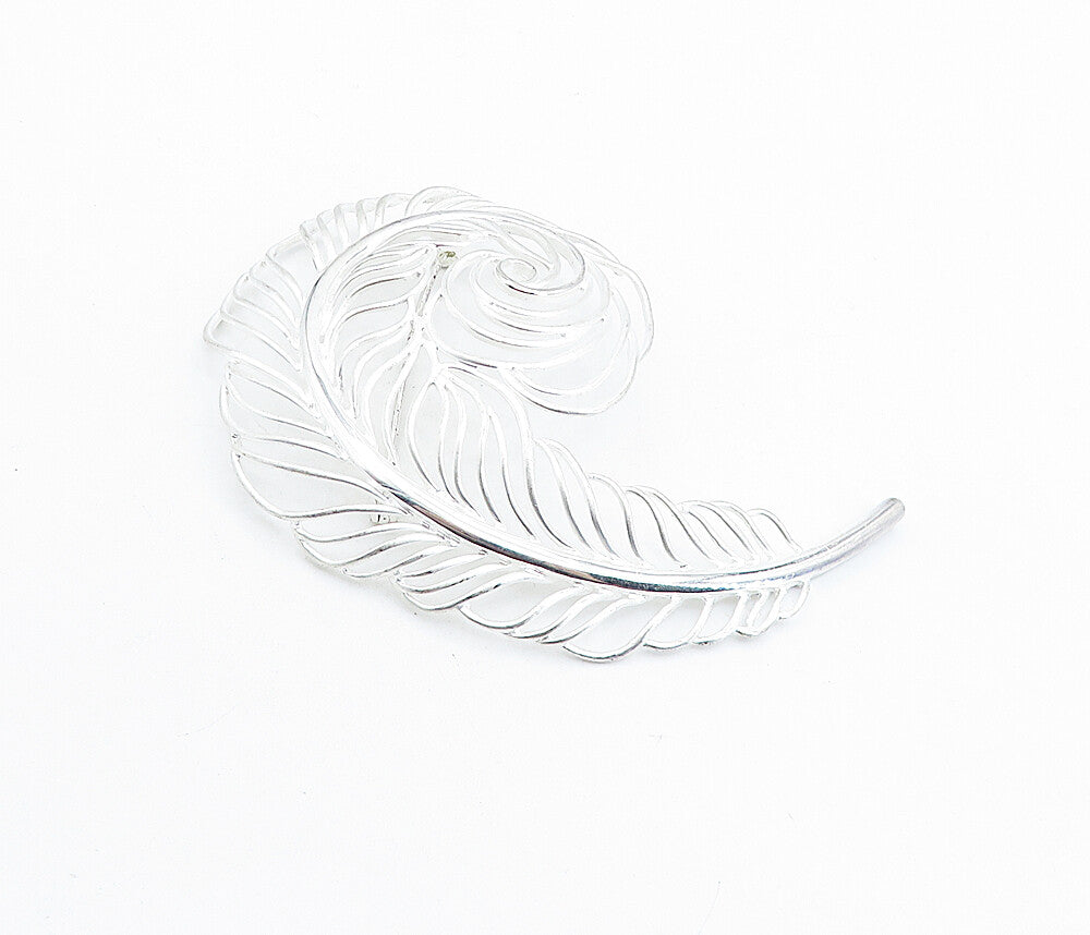 925 Sterling Silver  Vintage Shiny Swirl Single Feather Brooch Pin  BP2176