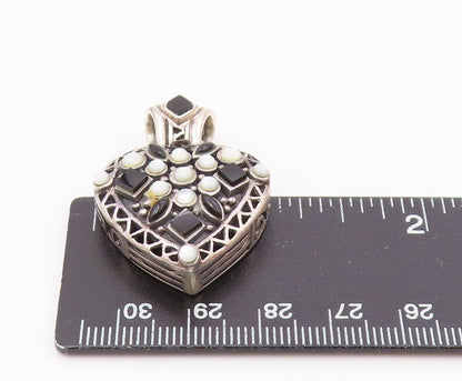 925 Silver  Vintage Mother Of Pearl & Black Onyx Love Heart Pendant  PT17930