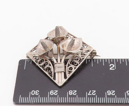 925 Sterling Silver Vintage Brooch Pin Etched Filigree Calla Lily Flower BP12326
