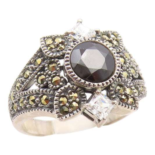 925 Sterling Silver Vintage Ring JUDITH JACK Onyx Marcasite Flower Sz 7 RG35068