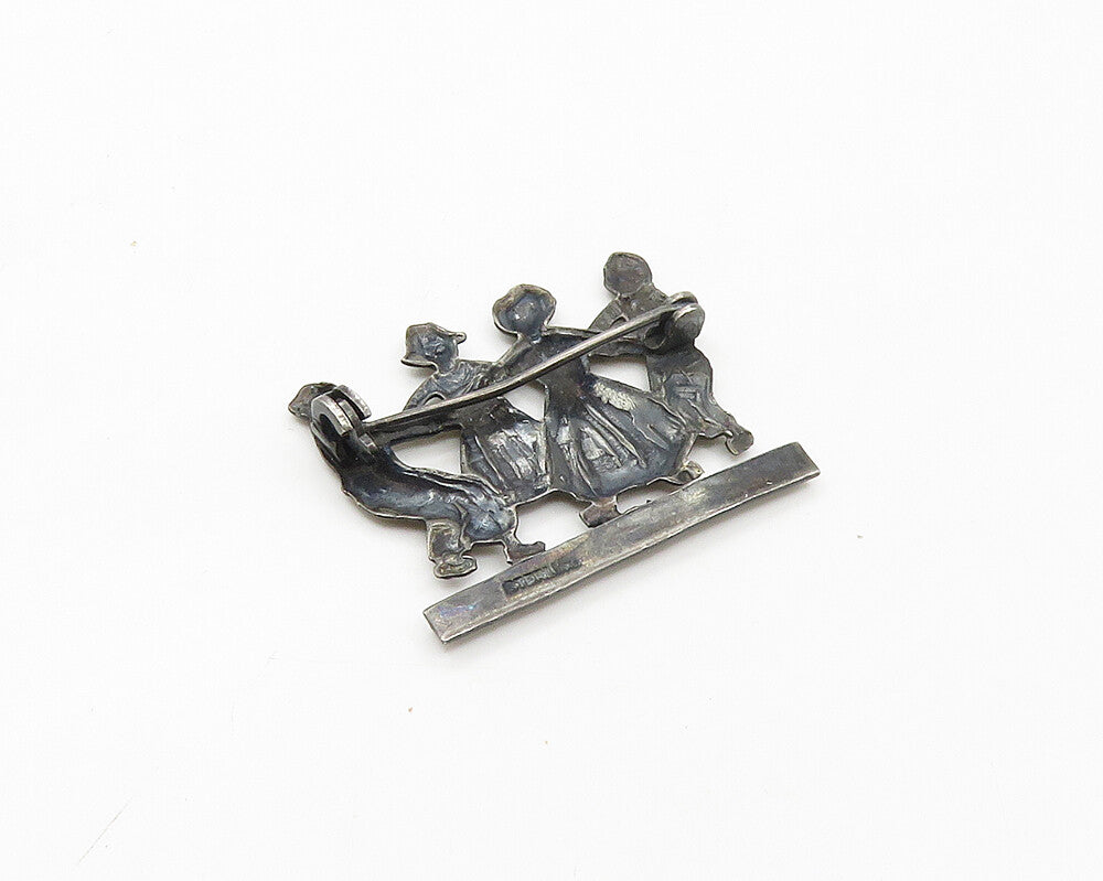925 Sterling Silver  Vintage Oxidized Children Playing Brooch Pin  BP6820