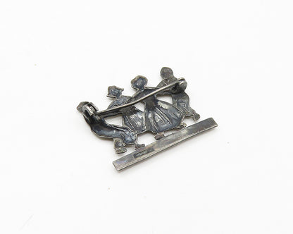 925 Sterling Silver  Vintage Oxidized Children Playing Brooch Pin  BP6820