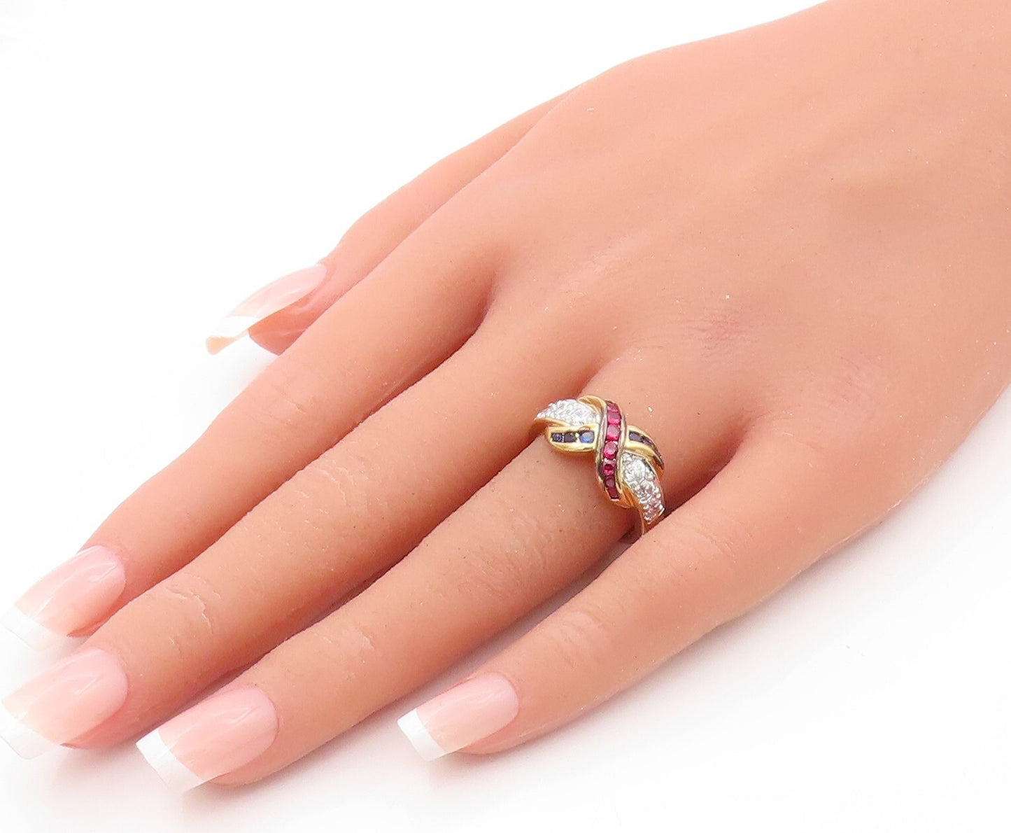 925 Sterling Silver Vintage Ring Gold Plated 3 Tone CZ Carved 'X'  Sz 8  RG31800
