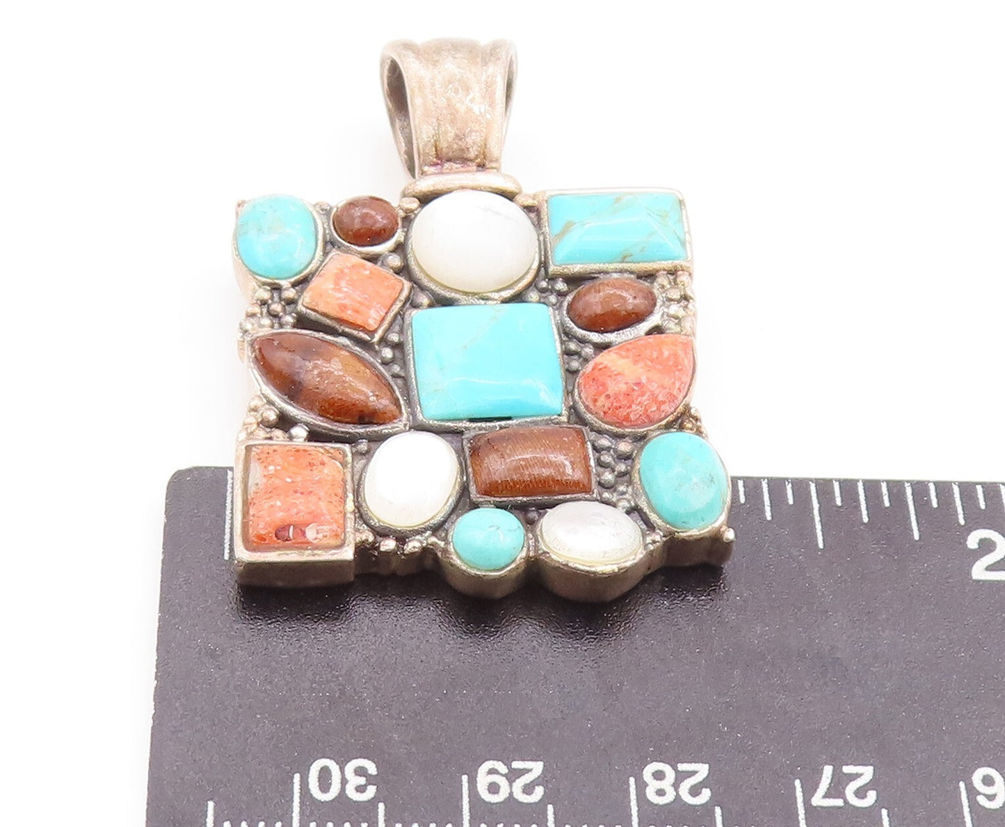 925 Sterling Silver Vintage Pendant Large Square Multi Stone Multi Shape PT23338