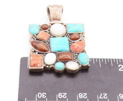 925 Sterling Silver Vintage Pendant Large Square Multi Stone Multi Shape PT23338