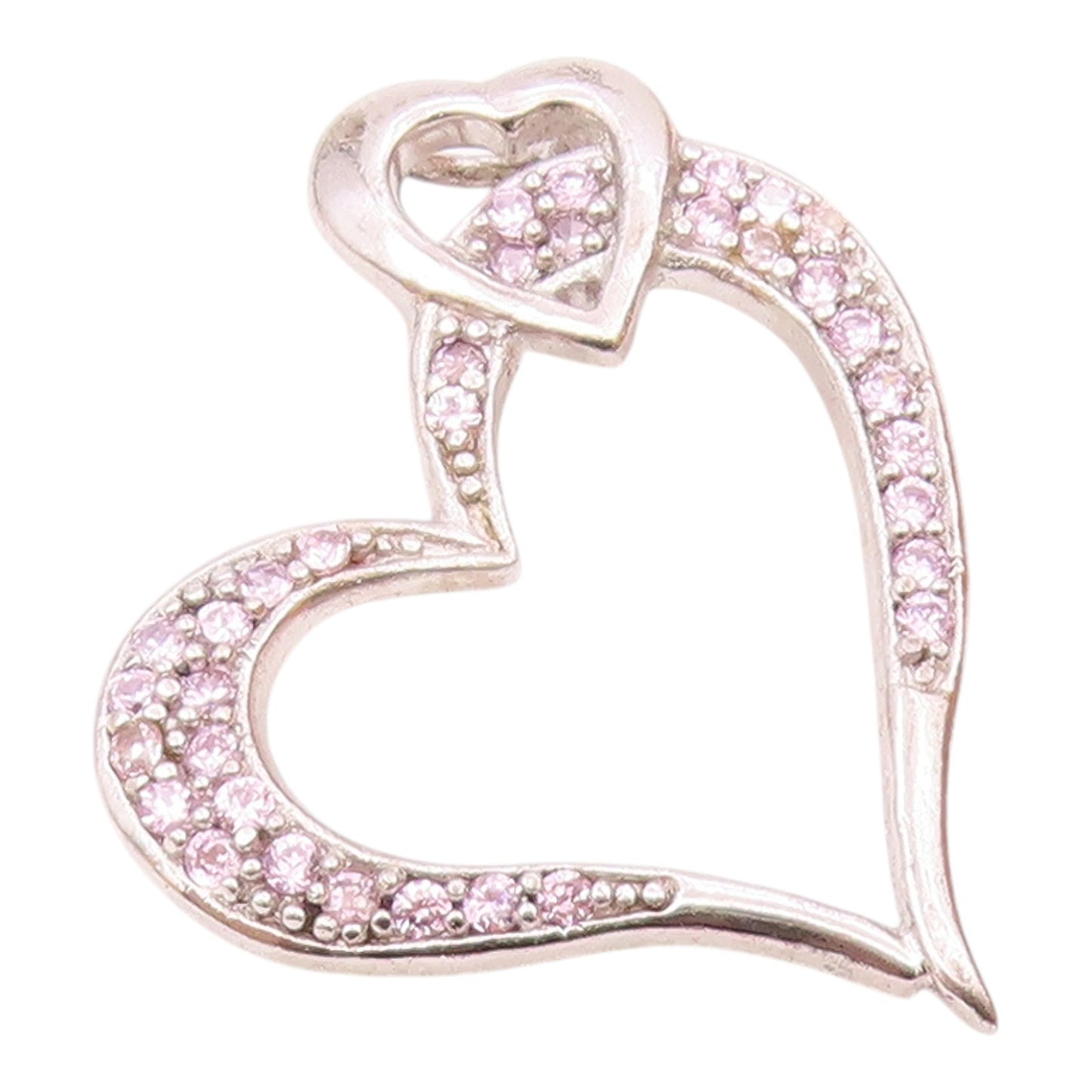 925 Sterling Silver  Vintage Pink Topaz Open Love Heart Pendant  PT14620