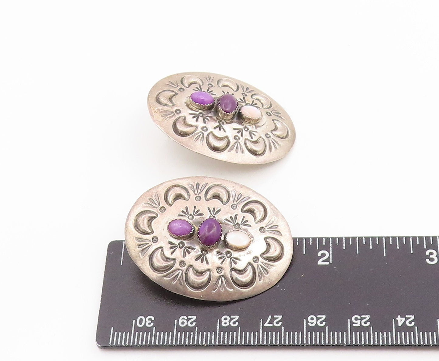 925 Sterling Silver Vintage Earrings NAVAJO Amethyst & Moonstone Concho  EG14355