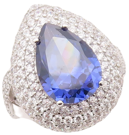 925 Sterling Silver Vintage Ring Drop Cut Sapphire Halo CZ  Sz 7  RG29886