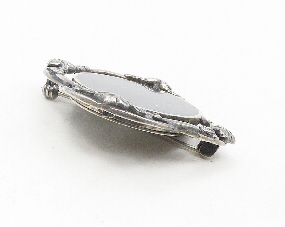 925 Sterling Silver  Vintage Black Onyx Swirl Detail Oval Brooch Pin  BP4405