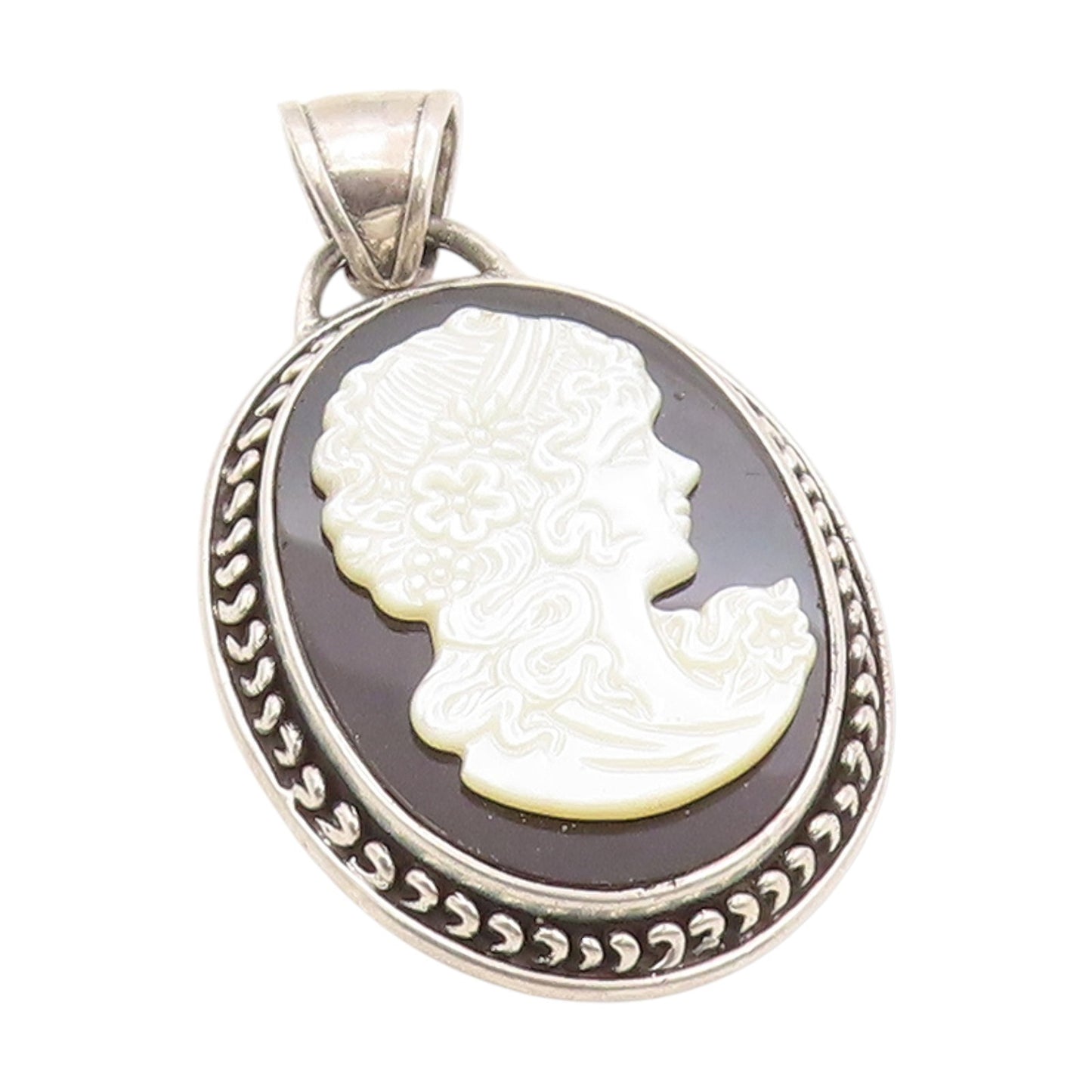 925 Sterling Silver Vintage Pendant Mother of Pearl & Onyx Lady Cameo  PT25329