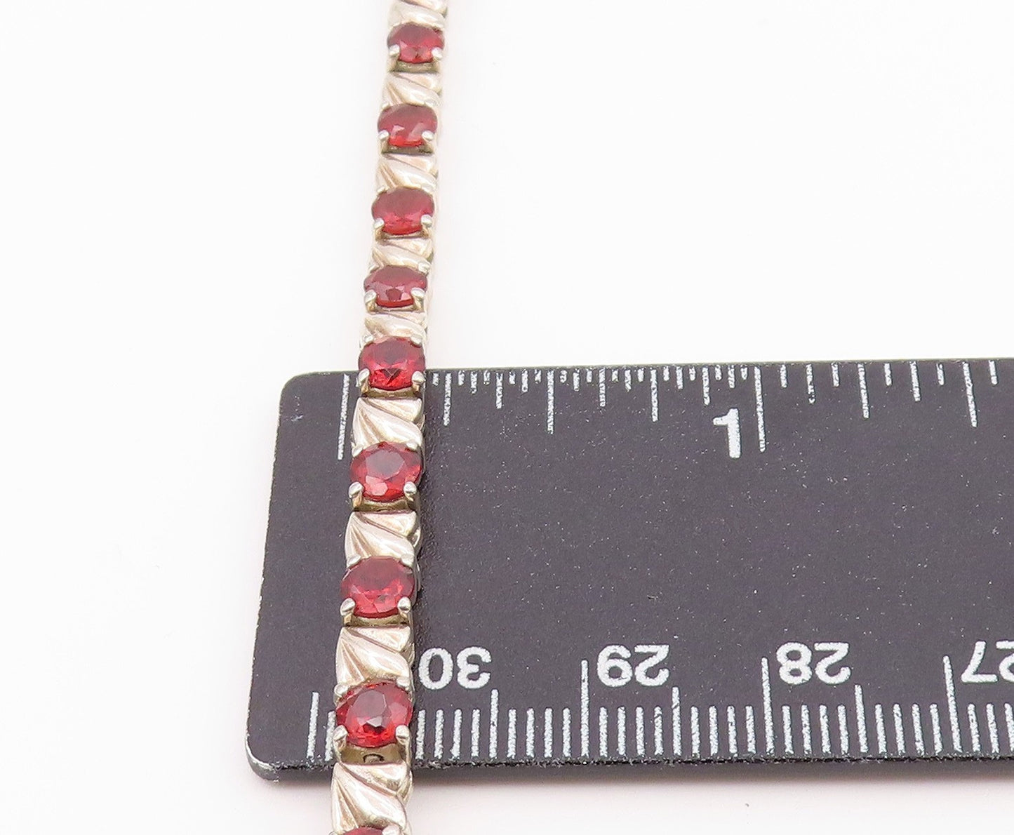 925 Sterling Silver Vintage Bracelet Classic Round Cut Garnet Link  BT12174