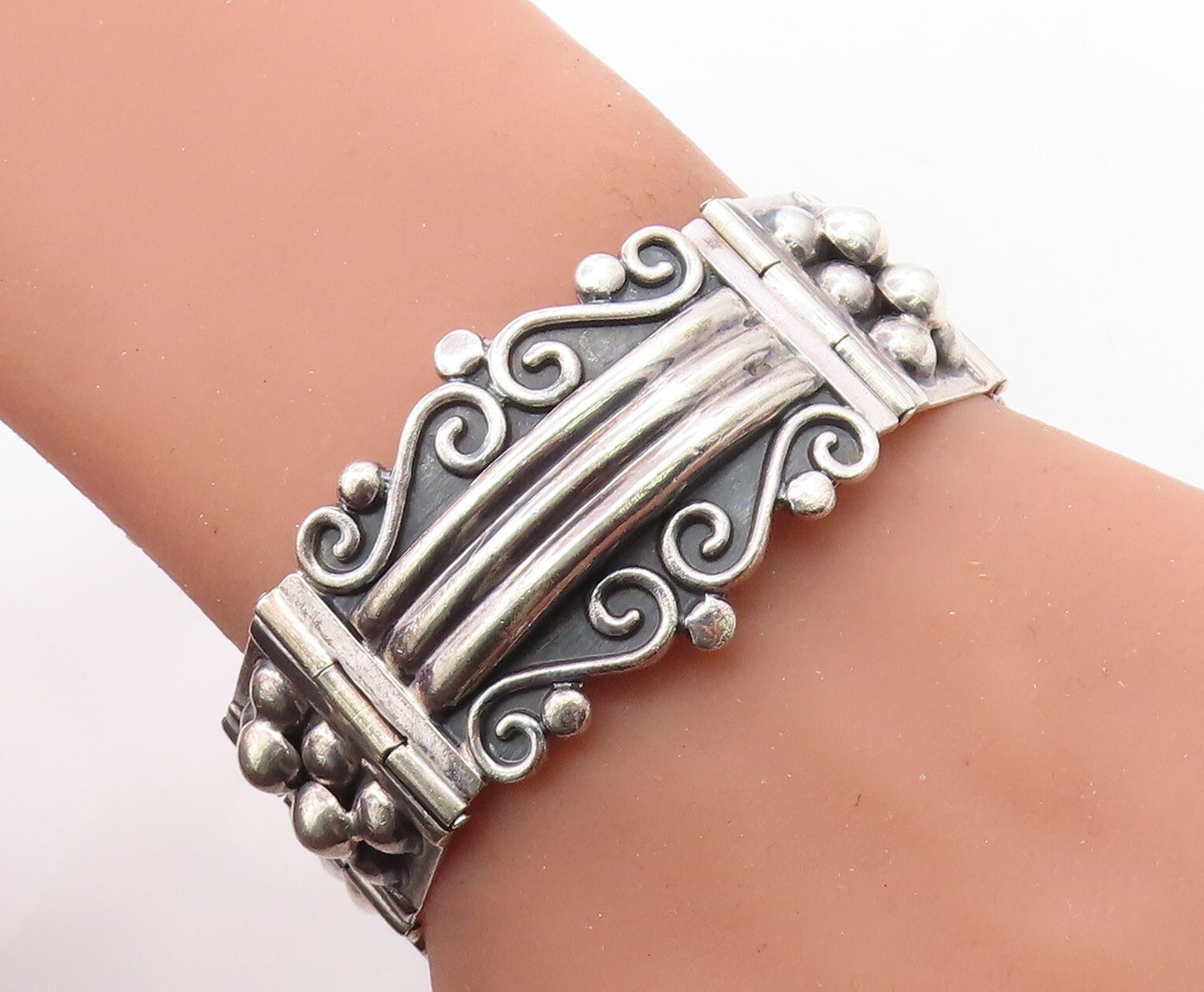 CII MEXICO 925 Silver  Vintage Swirl Patterned Bar Link Chain Bracelet  BT3029