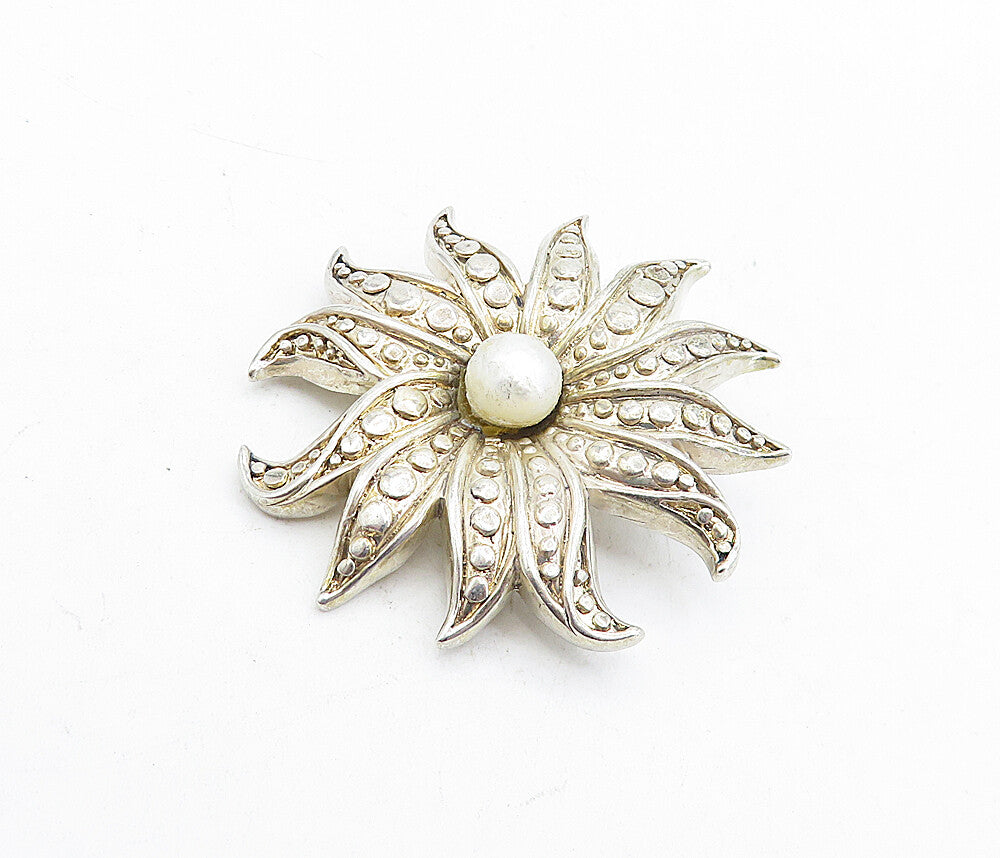 925 Sterling Silver  Vintage Pearl Centered Flower Design Pendant  PT3790