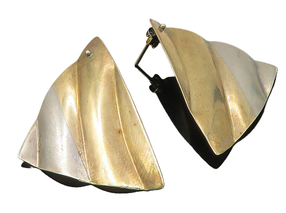 925 Sterling Silver  Vintage Shiny Two Tone Modernist Drop Earrings  EG5588