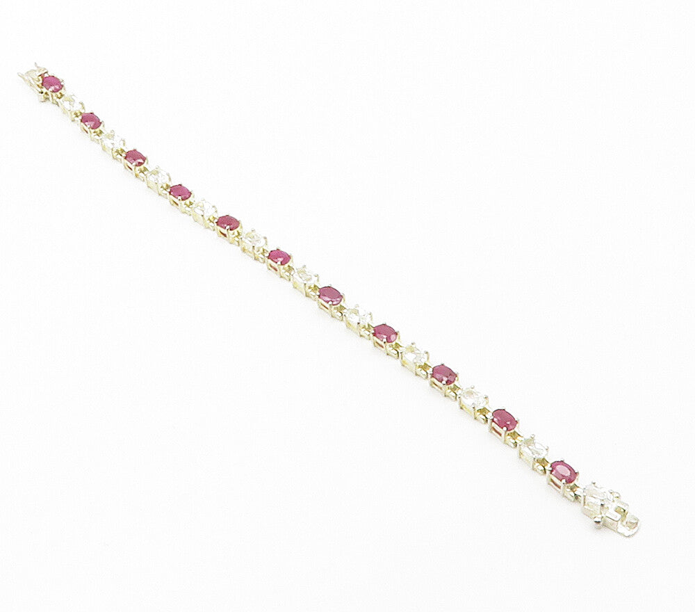925 Sterling Silver  Shiny Prong Set Ruby & Topaz Chain Bracelet  BT5949