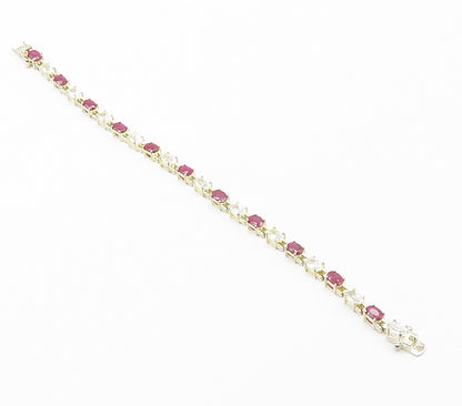 925 Sterling Silver  Shiny Prong Set Ruby & Topaz Chain Bracelet  BT5949